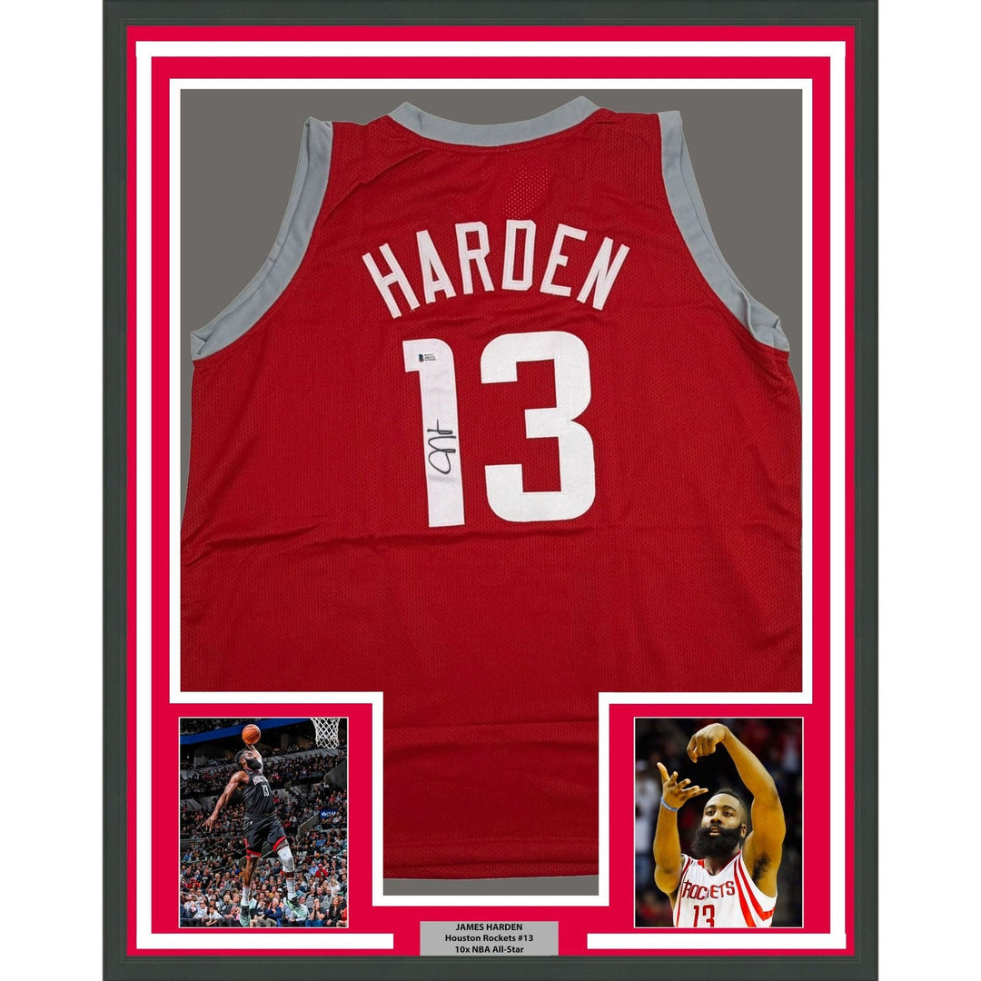 Framed Autographed/Signed James Harden 35x39 Houston Red Jersey Beckett COA