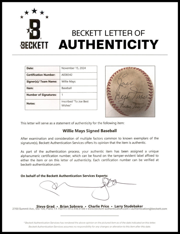 Willie Mays Signed Feeney NL Baseball Giants To Jack Best Vintage Sig Beckett