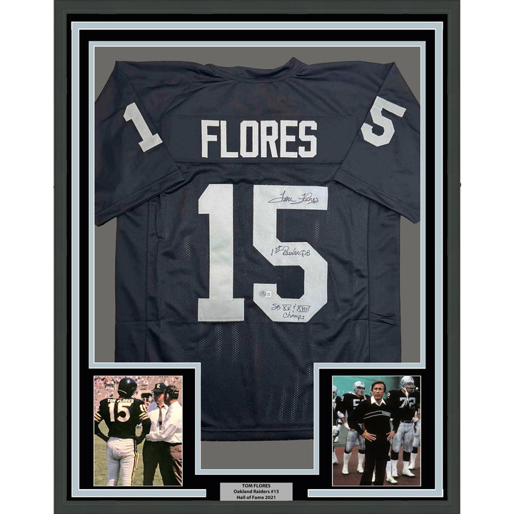 Framed Autographed/Signed Tom Flores 35x39 Oakland Black Jersey Beckett BAS COA