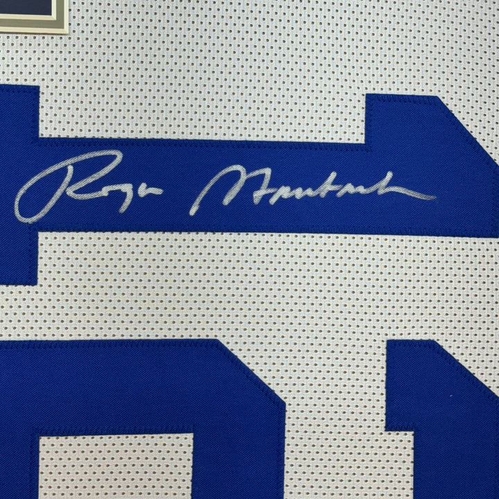 Framed Autographed/Signed Roger Staubach 35x39 Dallas White Jersey Beckett COA