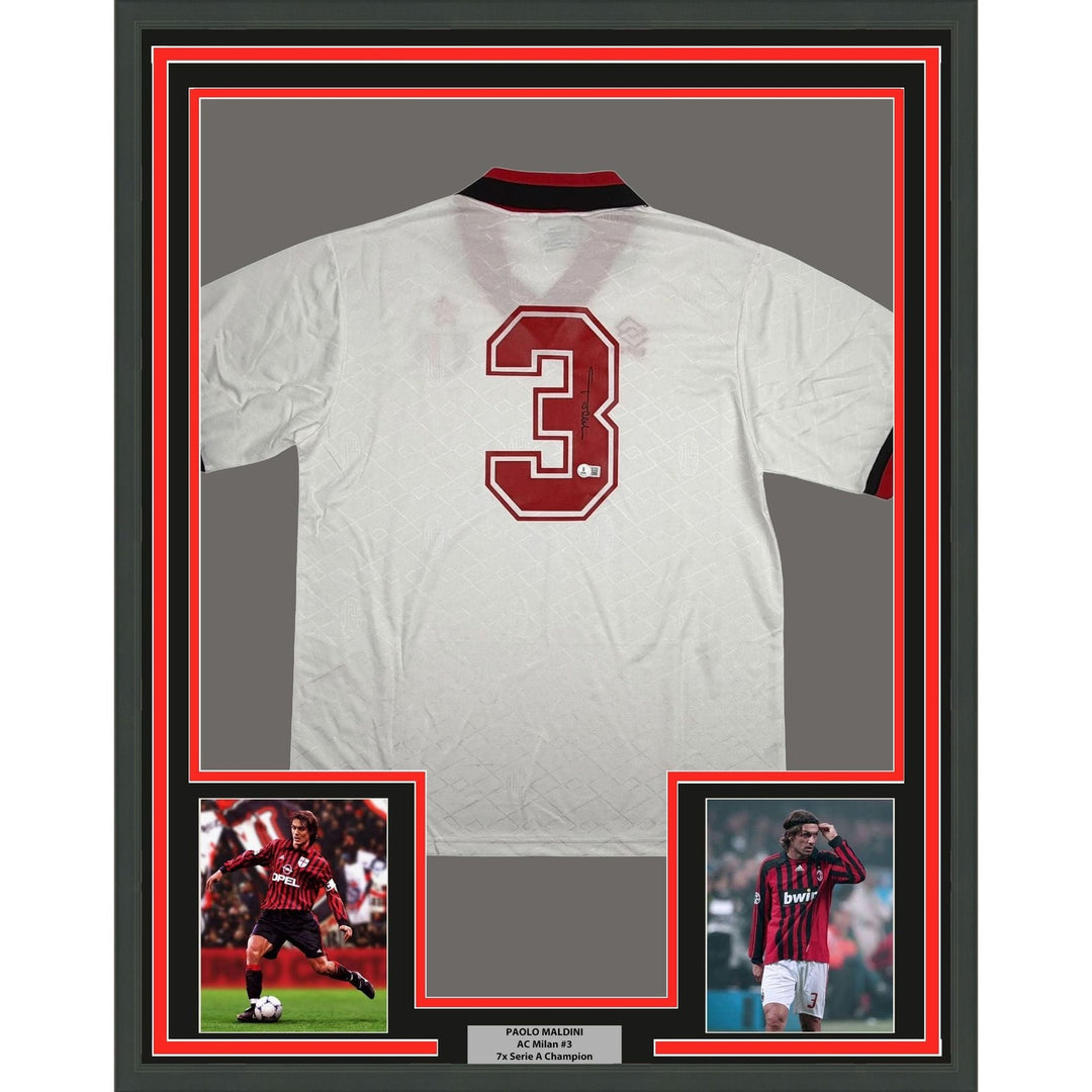 Framed Autographed/Signed Paolo Maldini 35x39 AC Milan White Jersey BAS COA