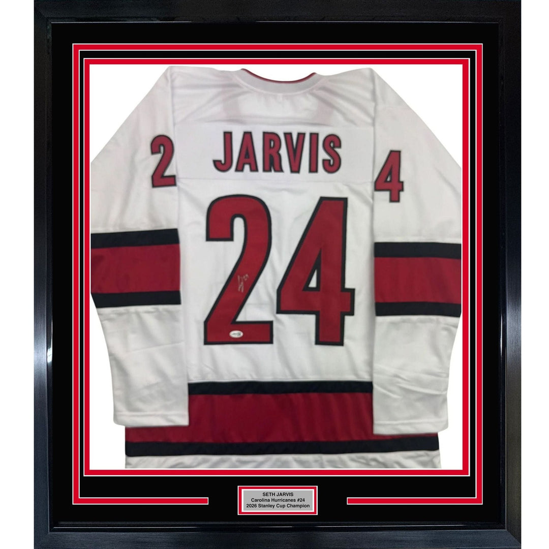 Framed Autographed/Signed Seth Jarvis 35x39 Carolina White Jersey JSA COA