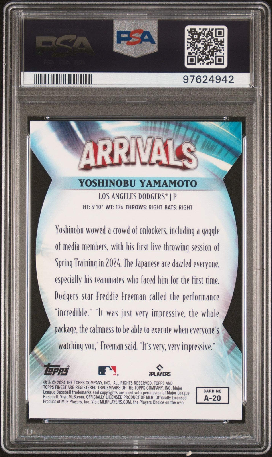 Graded 2024 Topps Finest Yoshinobu Yamamoto #A20 Arrivals Baseball Card PSA 10