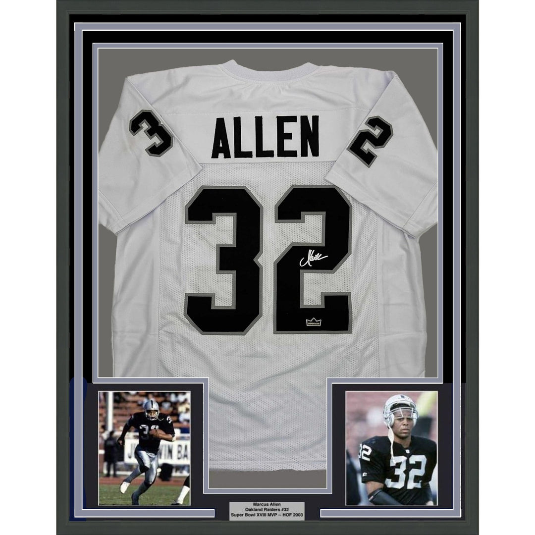 Framed Facsimile Autographed Marcus Allen 35x39 Oakland White Jersey