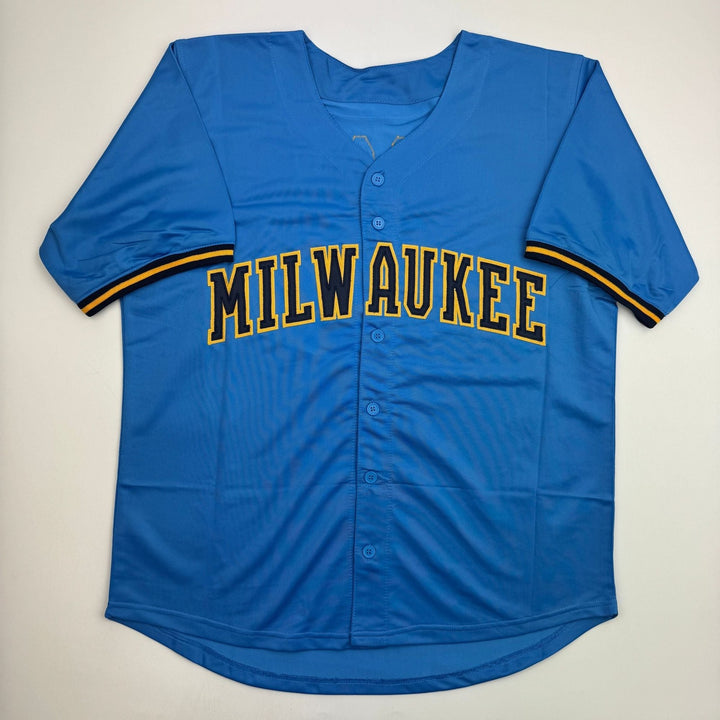 Autographed/Signed Brice Turang Milwaukee Blue Baseball Jersey BAS COA