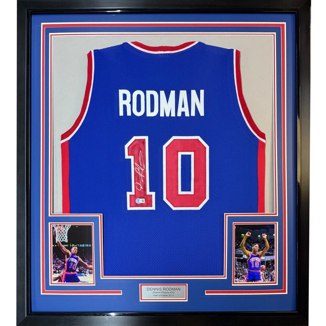 Framed Autographed/Signed Dennis Rodman 35x39 Detroit Blue Jersey JSA COA