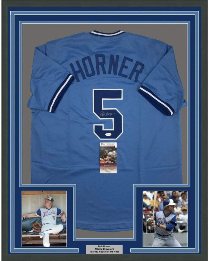 FRAMED Autographed/Signed BOB HORNER 33x42 Atlanta Light Blue Jersey JSA COA
