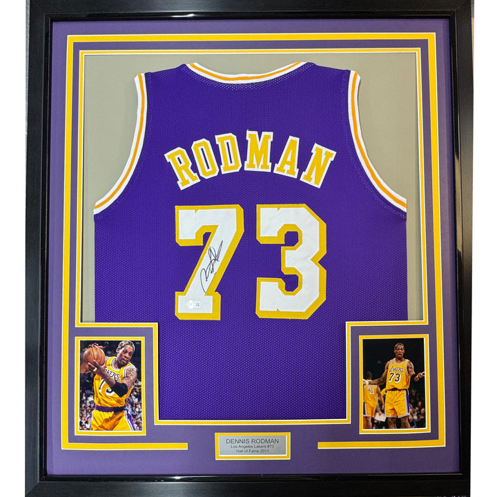 Framed Autographed/Signed Dennis Rodman 35x39 Los Angeles Purple Jersey PSA COA
