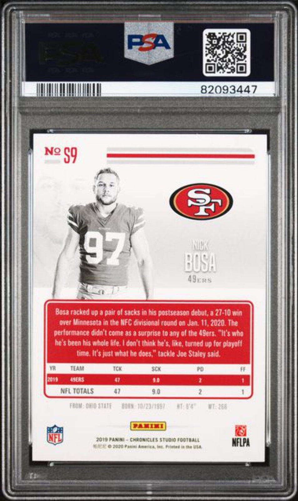 Graded 2019 Chronicles Nick Bosa #S9 Studio Red Rookie Football Card PSA 10