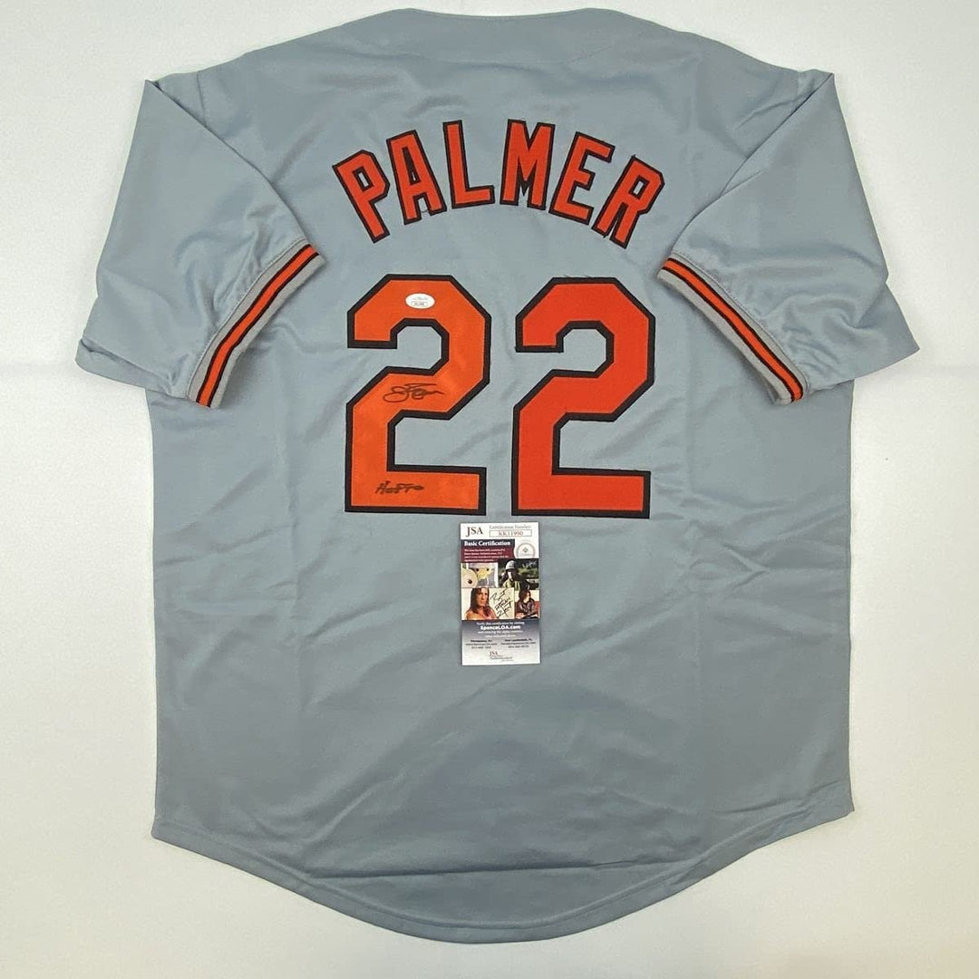 Autographed/Signed Jim Palmer HOF 1990 Baltimore Grey Jersey JSA COA
