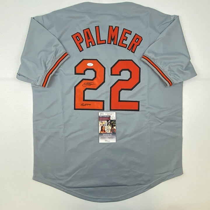 Autographed/Signed Jim Palmer HOF 1990 Baltimore Grey Jersey JSA COA