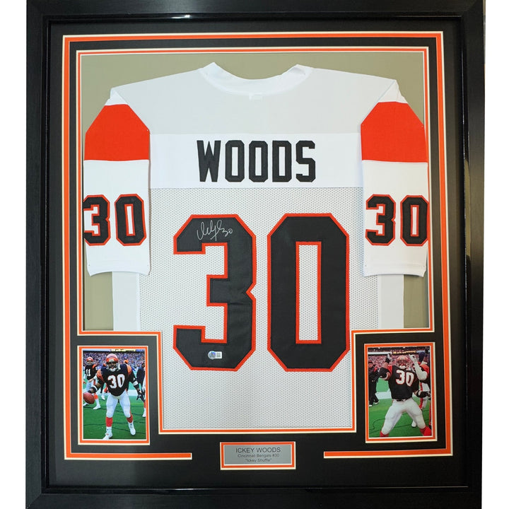 Framed Autographed/Signed Ickey Woods 35x39 Cincinnati White Jersey JSA COA
