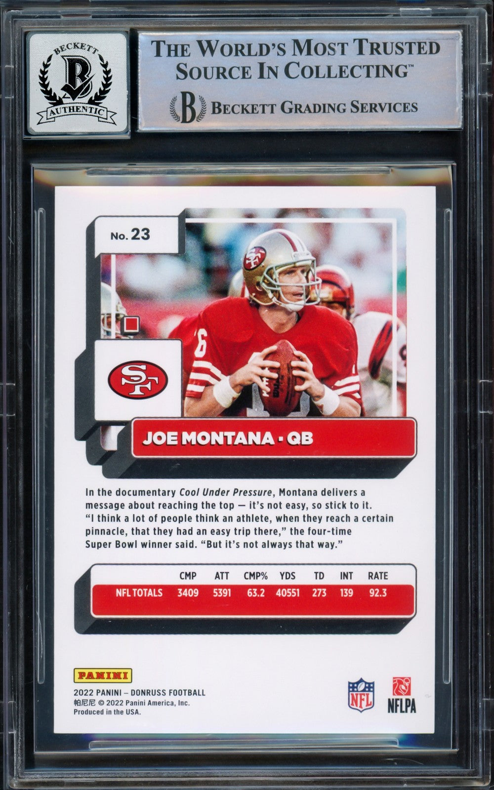 Joe Montana Signed 2022 Donruss Card 23 San Francisco 49ers Auto GM 10 Beckett