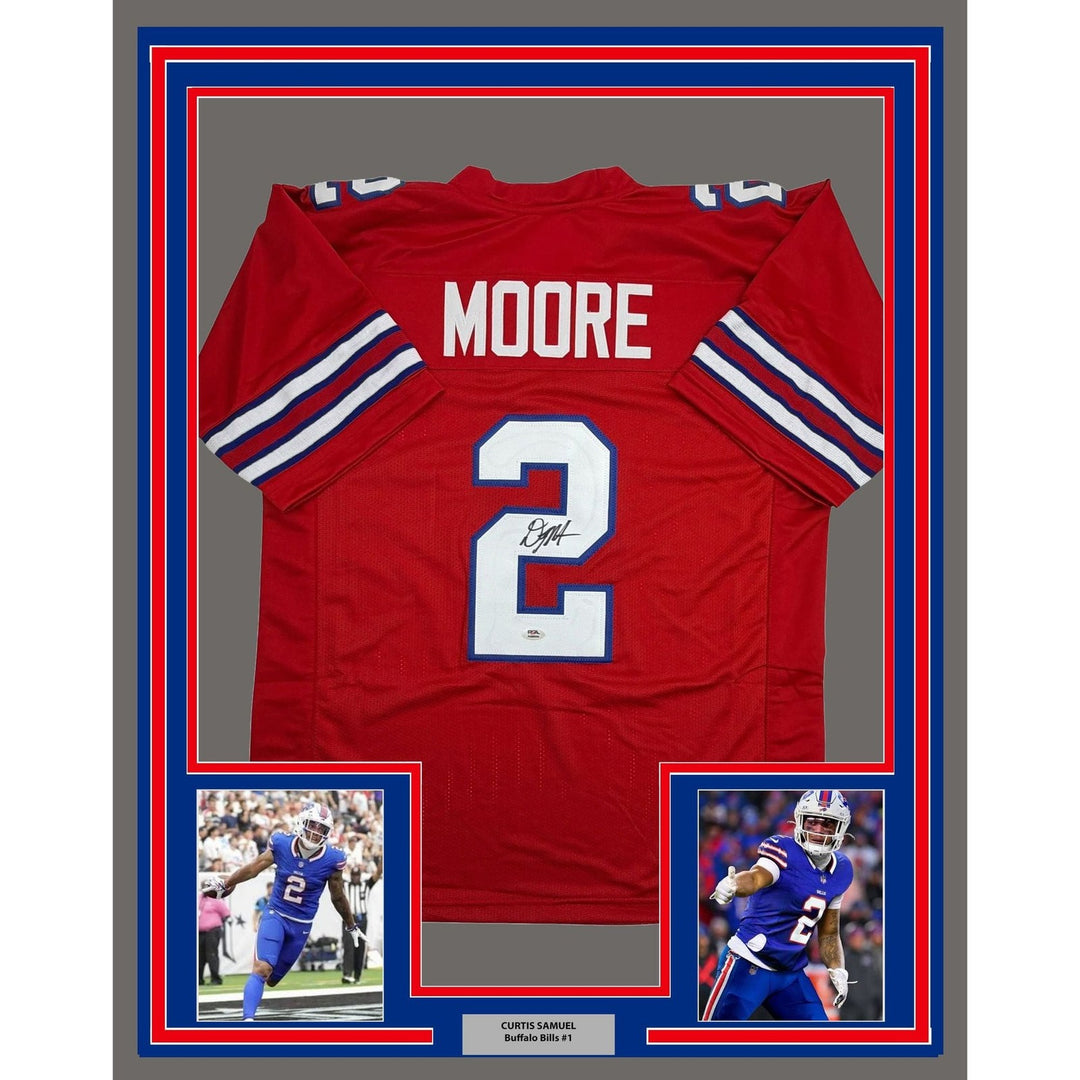 Framed Autographed/Signed DJ D.J. Moore 35x39 Buffalo Red Jersey PSA COA