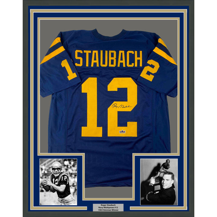 Framed Facsimile Autographed Roger Staubach 33x42 Blue Reprint Laser Auto Jersey
