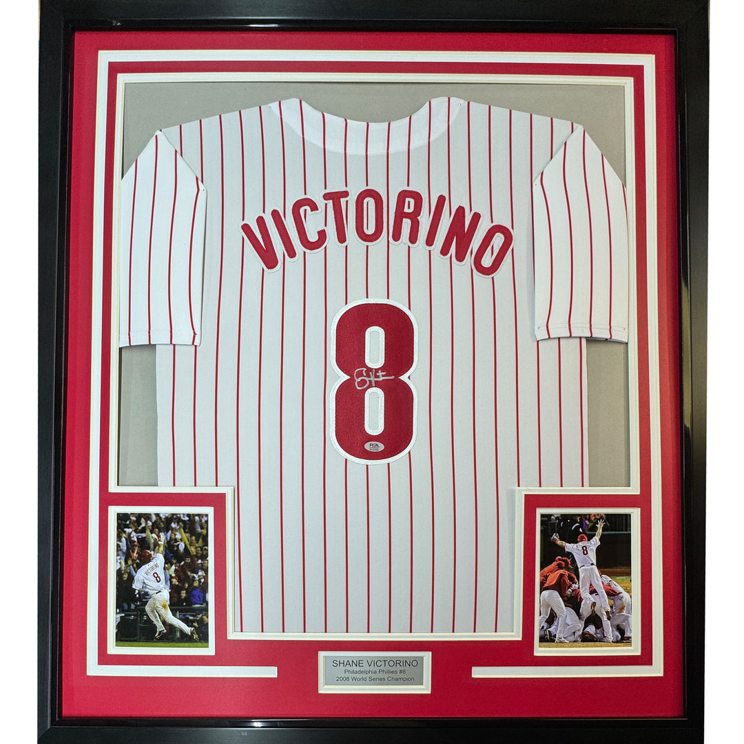 Framed Autographed/Signed Shane Victorino 35x39 Pinstripe Jersey PSA COA