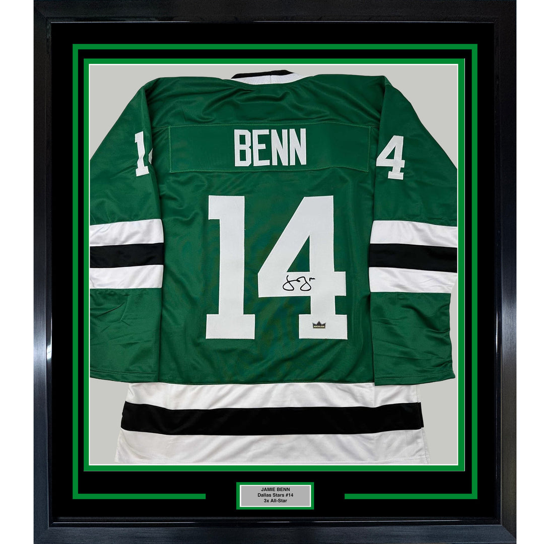 Framed Facsimile Autographed Jamie Benn 33x42 Green Reprint Laser Auto Jersey