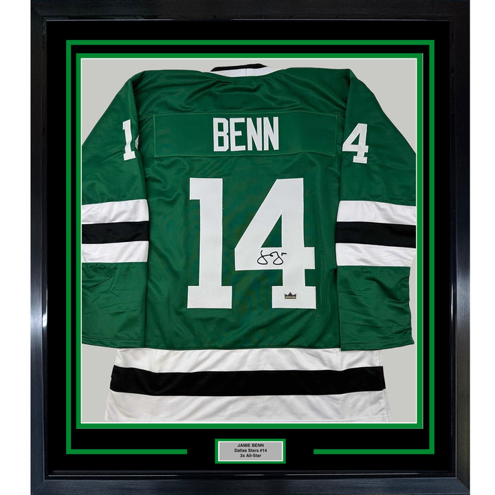 Framed Facsimile Autographed Jamie Benn 33x42 Green Reprint Laser Auto Jersey