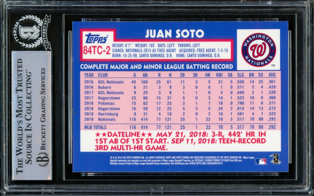 Juan Soto Auto 2019 Topps Chrome Refractor 1984 RC 84TC-2 Mets Beckett #14231625