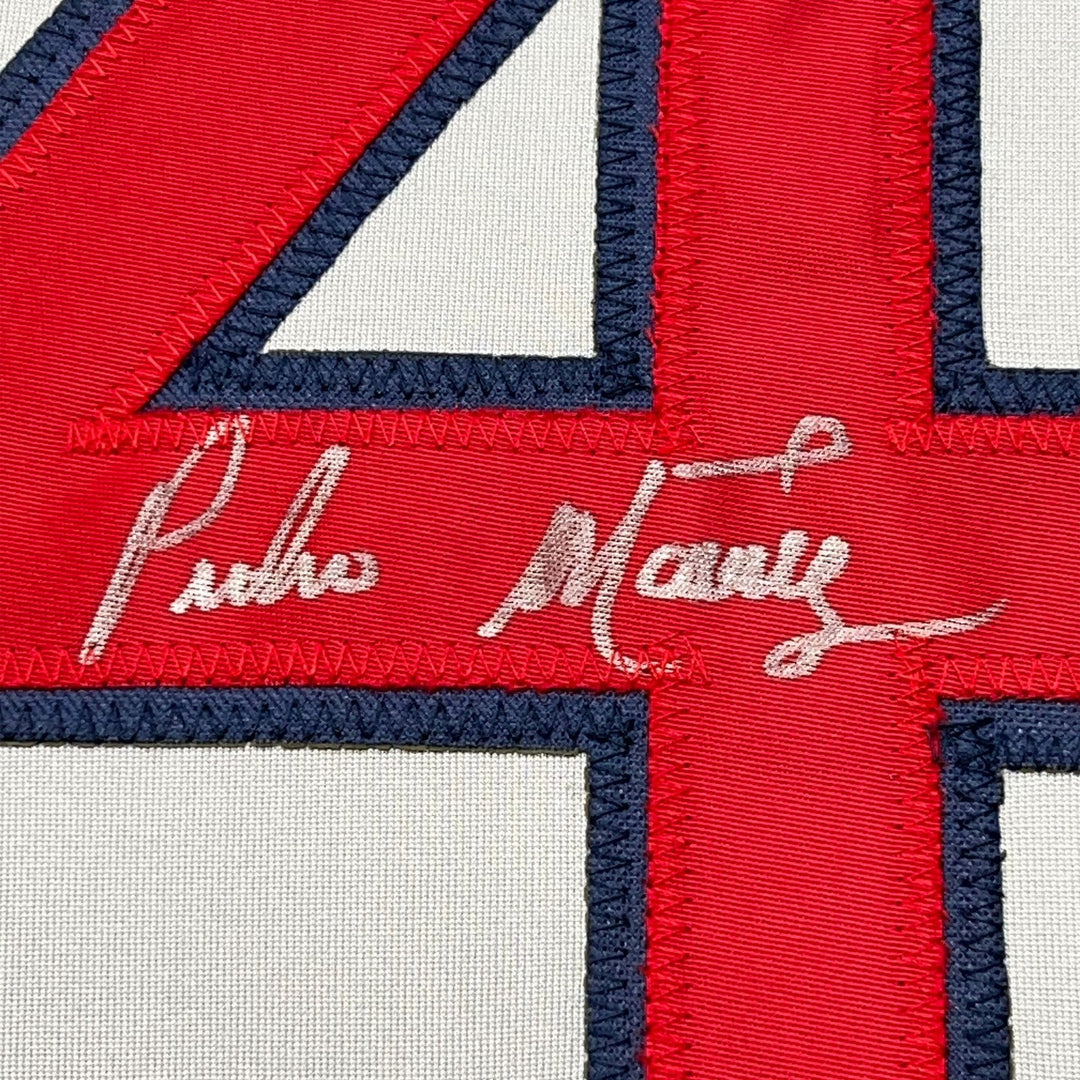 Framed Autographed/Signed Pedro Martinez 35x39 Boston Grey Jersey JSA COA