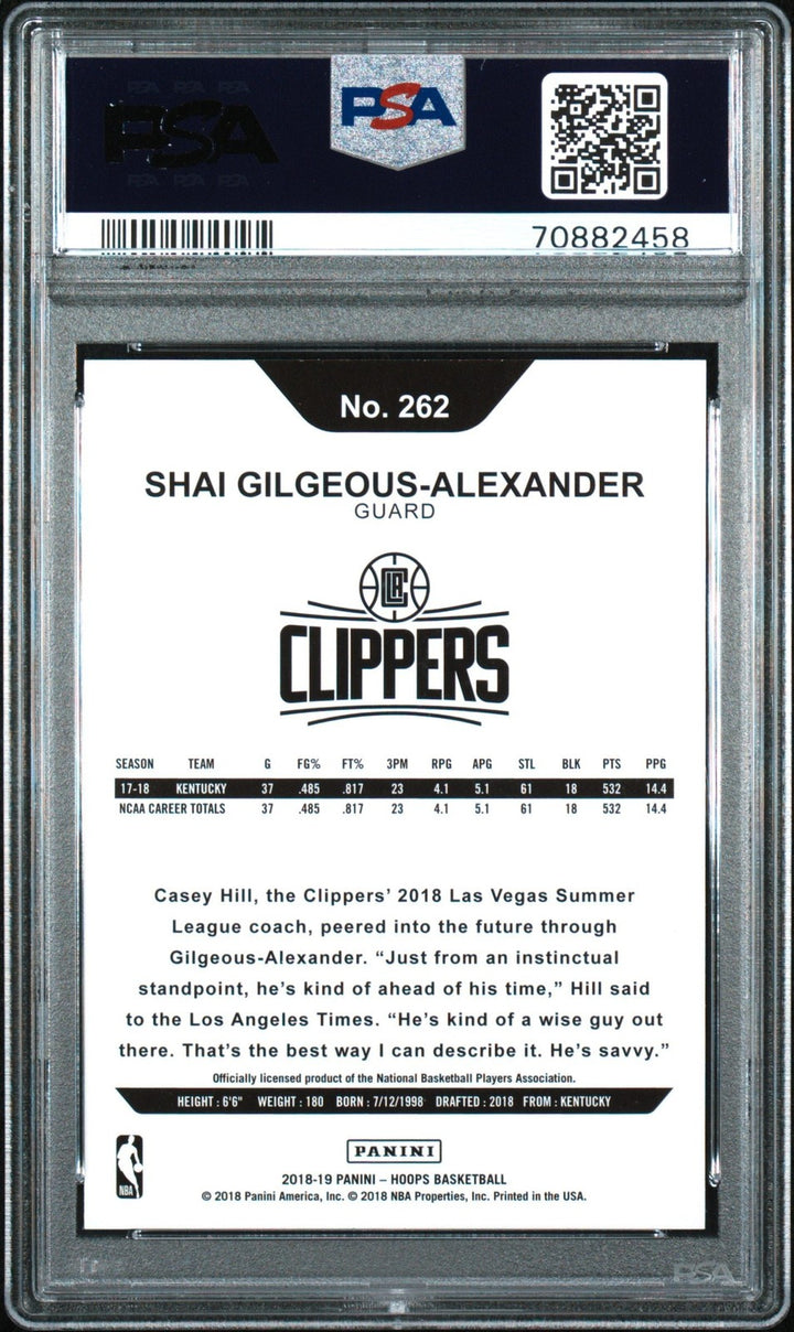 Graded 2018 Panini Hoops Shai Gilgeous-Alexander #262 RC Card PSA 10