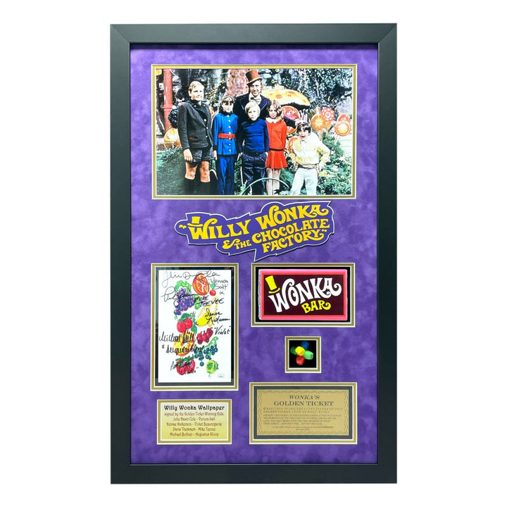 Willy Wonka Kids x5 Signed Wallpaper Framed Gobstopper Bar Collage JSA COA Auto