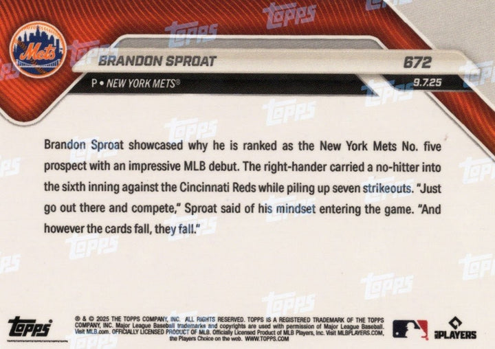 2025 Topps Now Brandon Sproat #672 Gold Foil /50 New York Mets RC Card