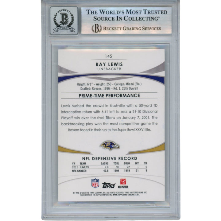 Ray Lewis Autographed 2012 Topps Prime #145 Trading Card Beckett 52948