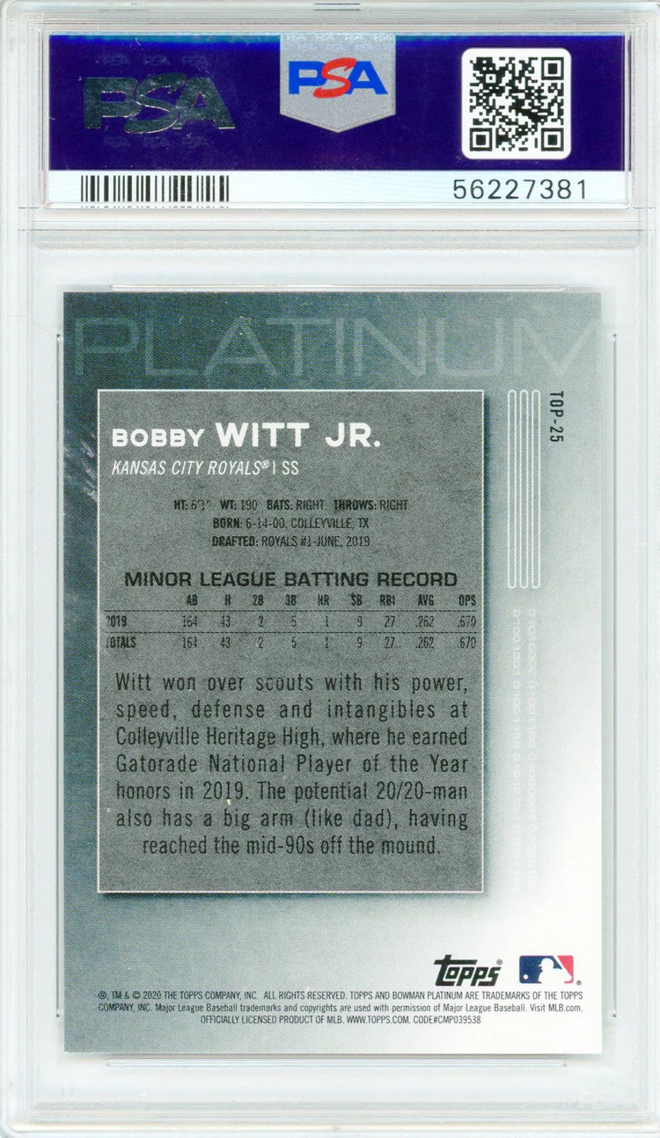 Bobby Witt Jr. 2020 Bowman Platinum Top Prospects Rookie Card #TOP25 (PSA Mint 9