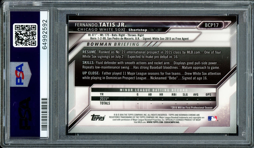 Fernando Tatis Jr. Auto 2016 Bowman Chrome RC BCP17 Padres PSA 9 Sig 10 PSA/DNA