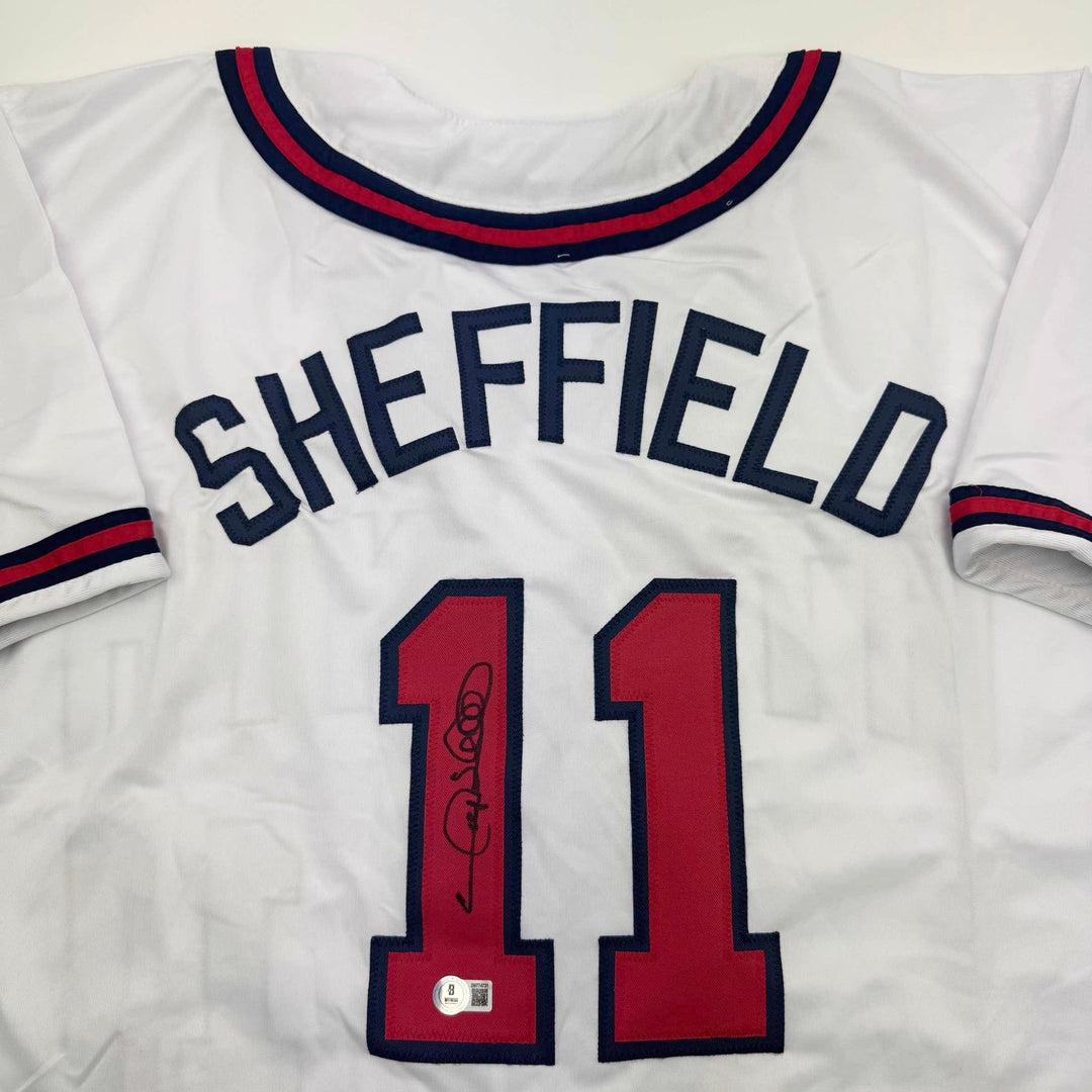 Autographed/Signed Gary Sheffield Atlanta White Jersey Beckett BAS COA