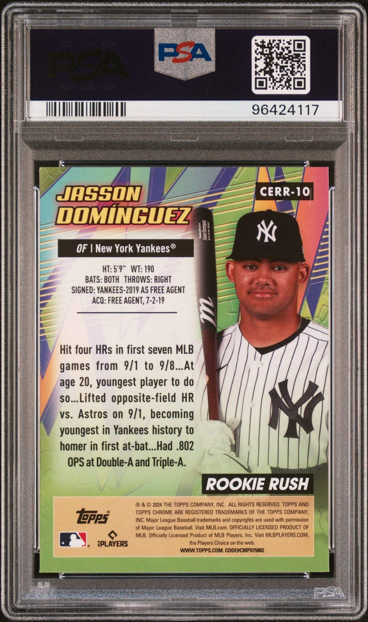 Graded 2024 Topps Chrome Jasson Dominguez #10 Rookie Rush Baseball Card PSA 10