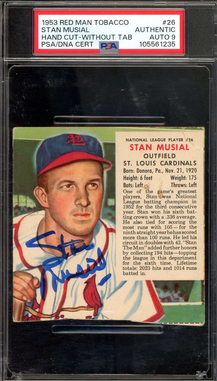 Stan Musial Mint 9 PSA DNA Signed 1953 Red Man Tobacco Autograph