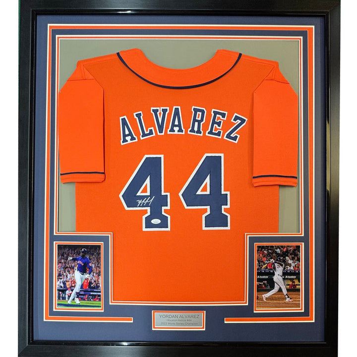Framed Signed Yordan Alvarez 35x39 Houston Orange Jersey JSA COA