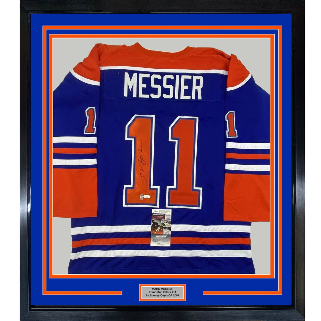 FRAMED Autographed/Signed MARK MESSIER 33x42 Edmonton Blue Jersey JSA COA