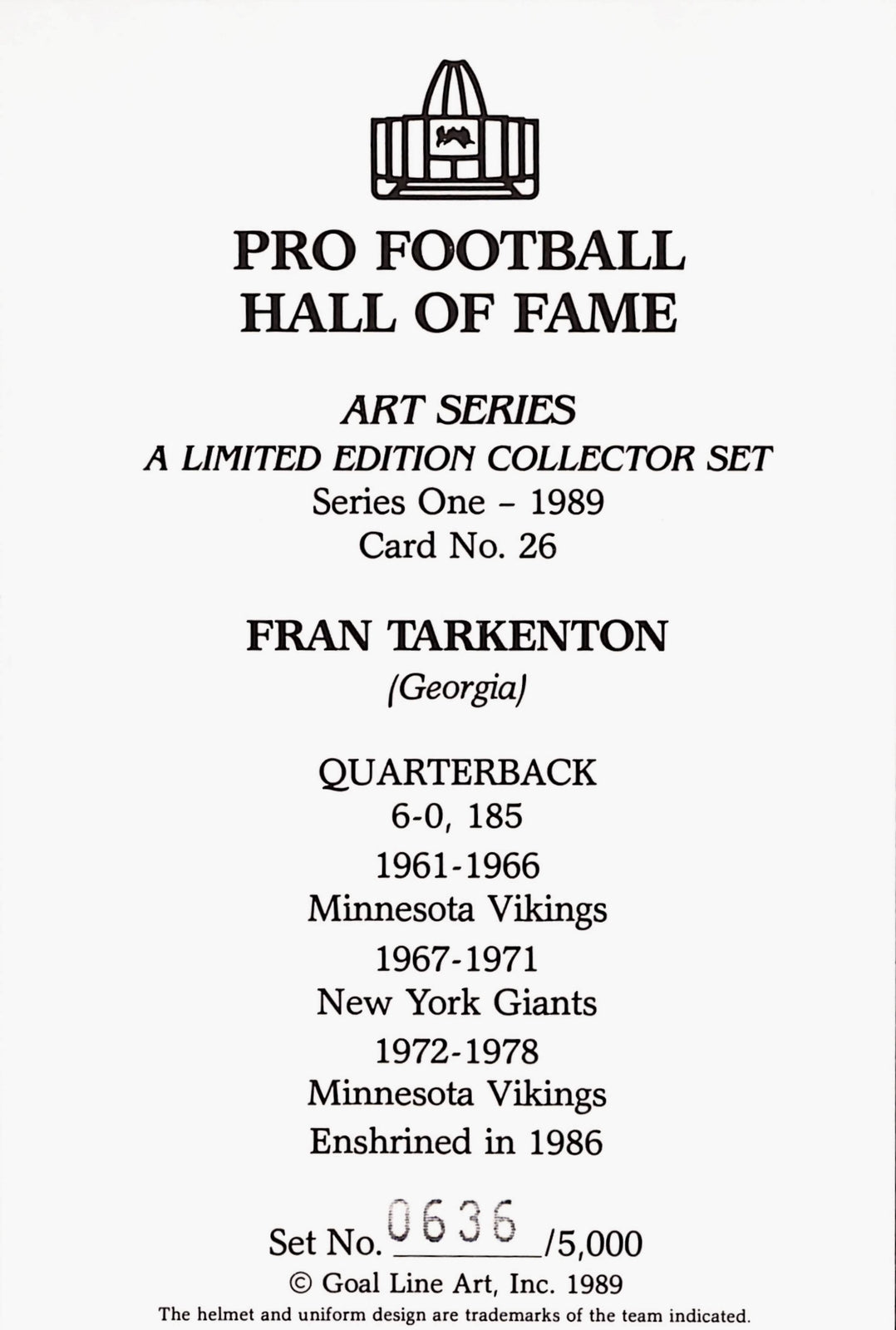 Fran Tarkenton Autographed Minnesota Vikings Goal Line Art Card DEN 44014