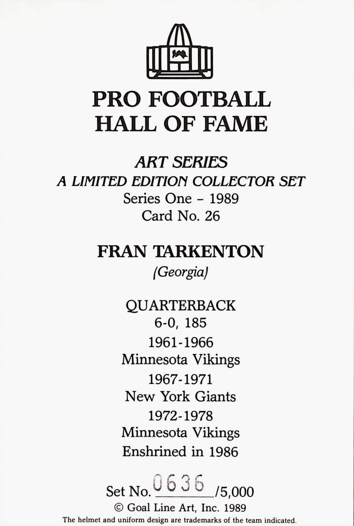 Fran Tarkenton Autographed Minnesota Vikings Goal Line Art Card DEN 44014