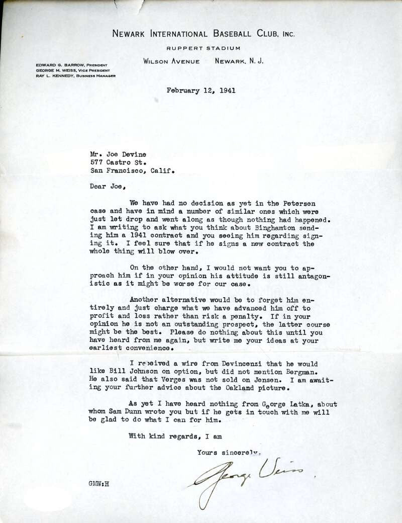 George Weiss PSA DNA Coa Signed 1941 Newark Club Letter Autograph