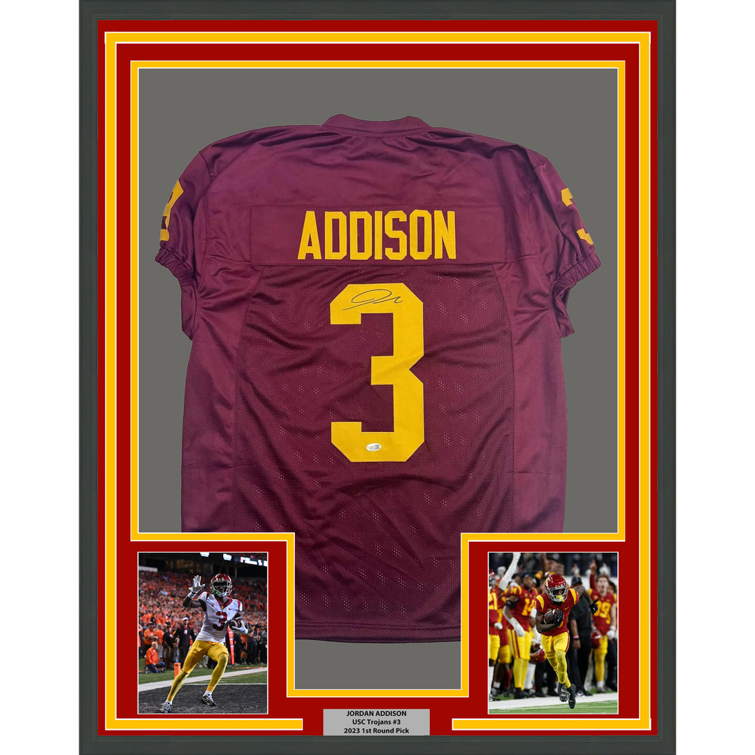 Framed Autographed/Signed Jordan Addison 35x39 USC Red College Jersey JSA COA