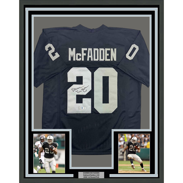 Framed Autographed/Signed Darren McFadden 35x39 Oakland Black Jersey Beckett COA