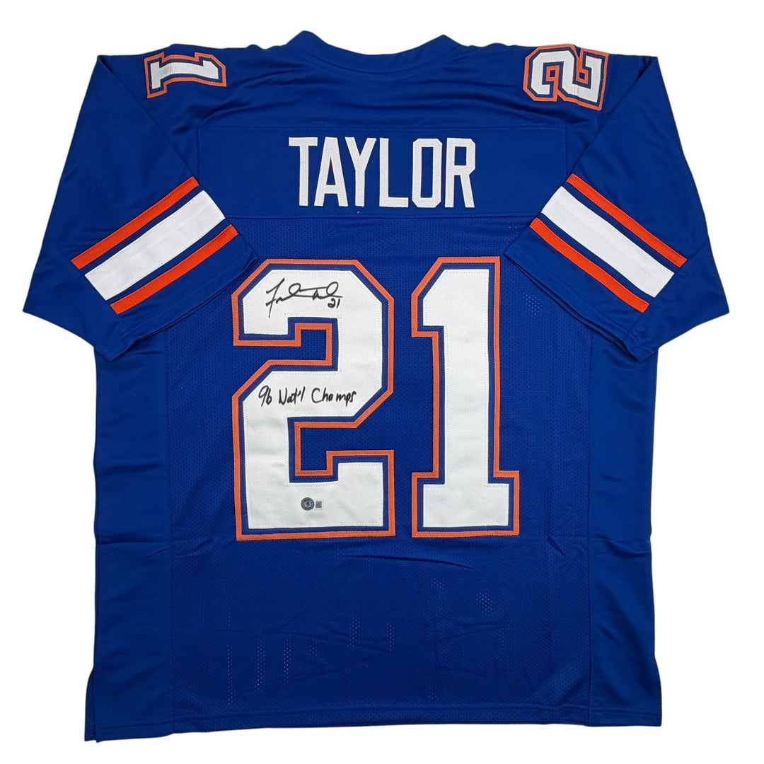 Autographed/Signed Fred Taylor 96 Champs Florida Blue Jersey Beckett BAS COA