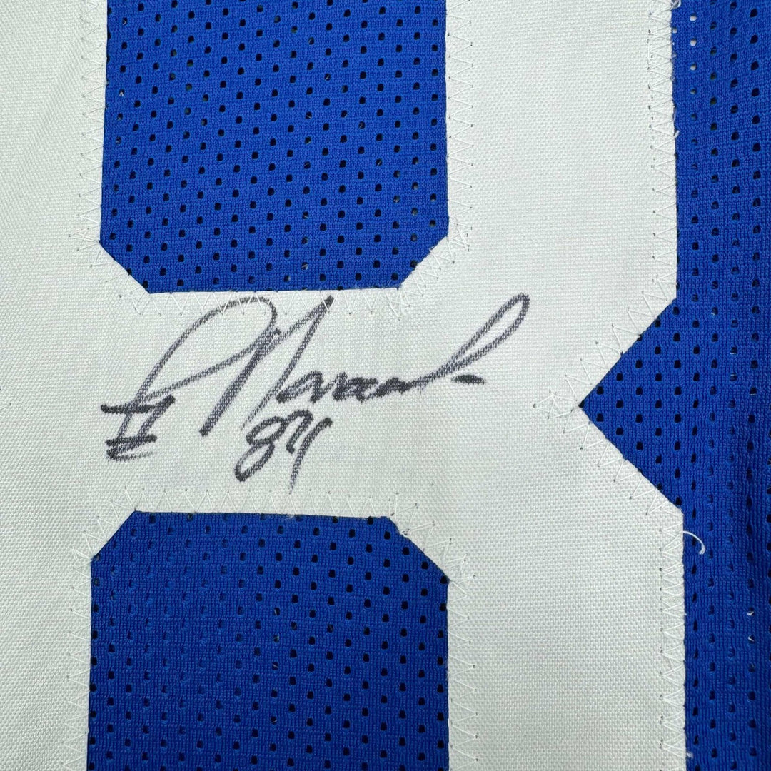 Framed Autographed/Signed Jay Novacek 35x39 Dallas Blue Jersey JSA COA