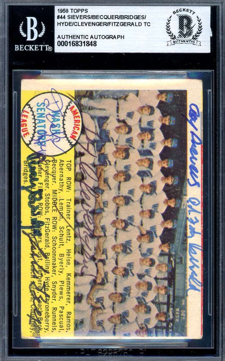 Sievers Becquer Bridges Hyde Beckett BAS Signed By 6 1958 Topps Team Autograph