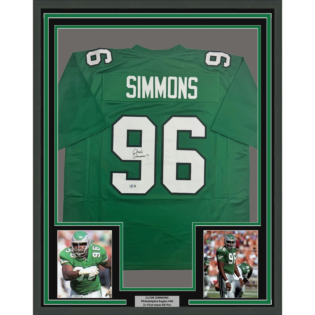 Framed Signed Clyde Simmons 35x39 Philadelphia Kelly Green Jersey BAS COA