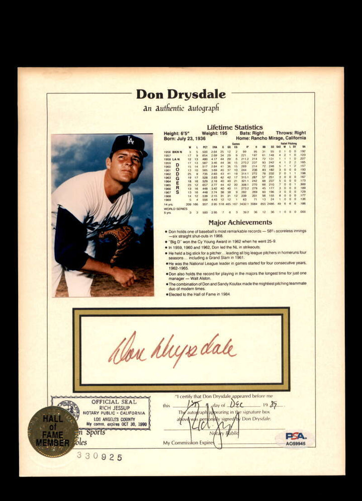 Don Drysdale PSA DNA Signed 8x10 Hall of Fame Stat Photo Autograph Dodgers
