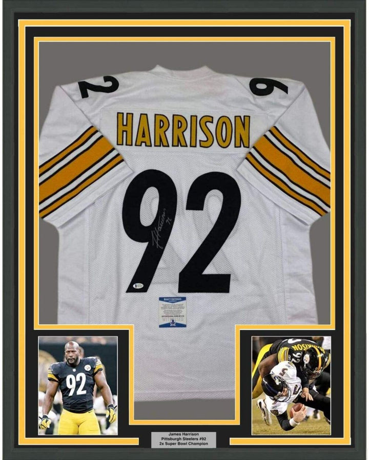 FRAMED Autographed/Signed JAMES HARRISON 33x42 Pittsburgh White Jersey BAS COA