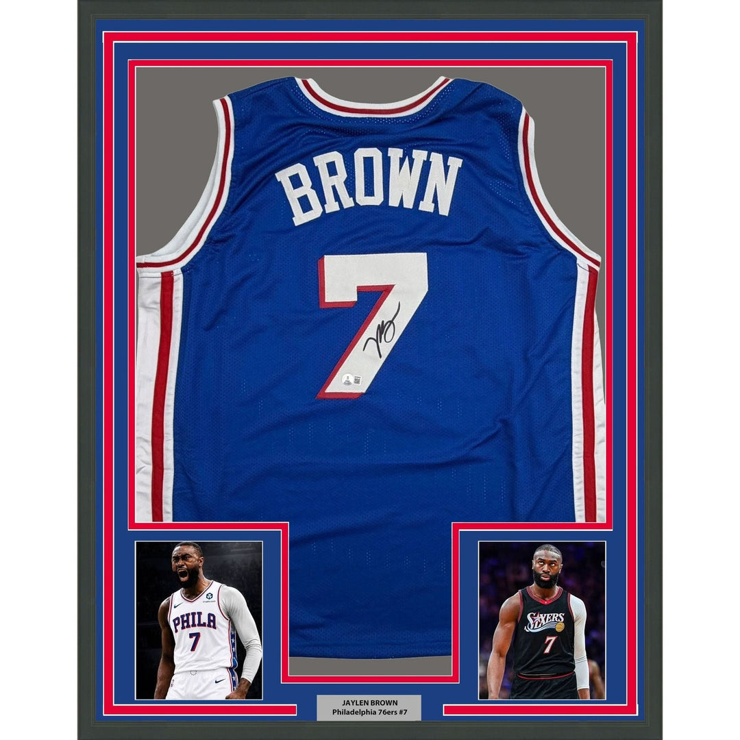 Framed Autographed/Signed Jaylen Brown 35x39 76ers Blue Jersey Beckett COA