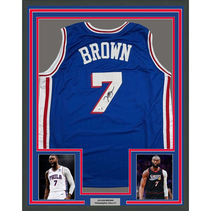 Framed Autographed/Signed Jaylen Brown 35x39 76ers Blue Jersey Beckett COA