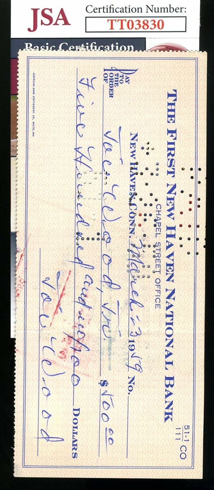 Joe Wood JSA Coa Signed Check Autograph