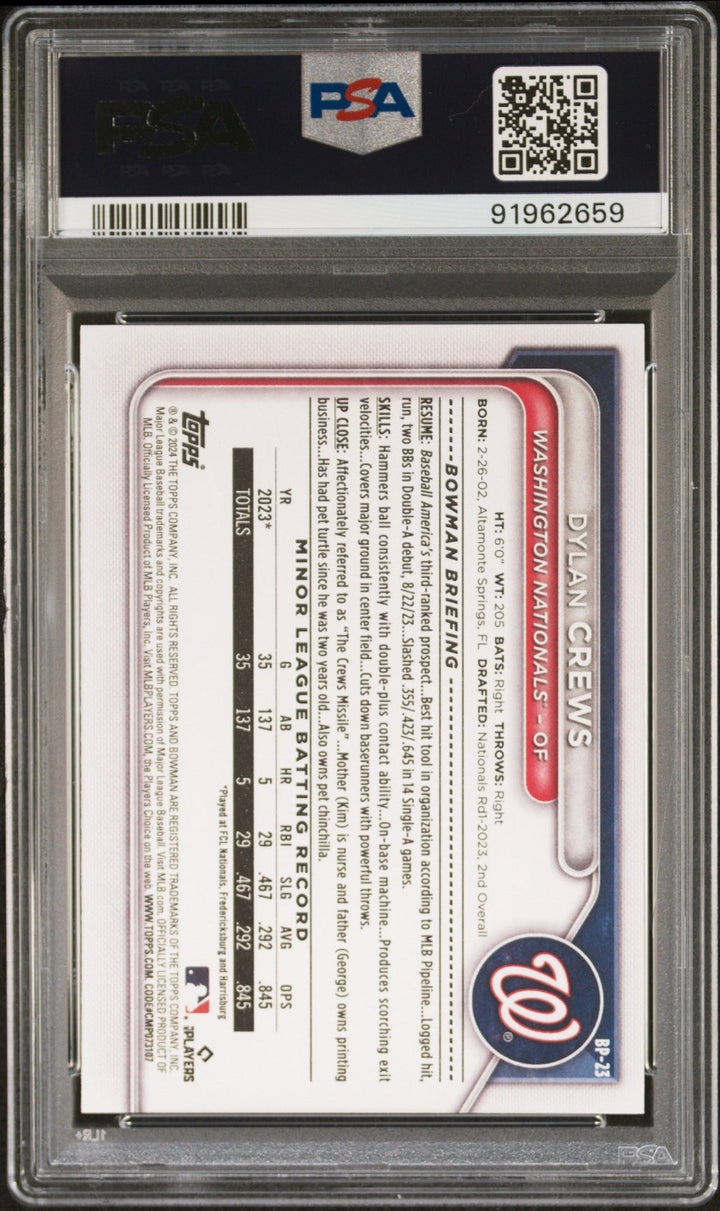 Graded 2024 Topps Bowman Dylan Crews #BP23 Paper Prospects Card PSA 10